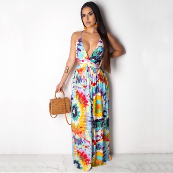 NWT Boutique V Neck Watercolor Sleeveless Maxi Tye Die Dress - Picture 1 of 6